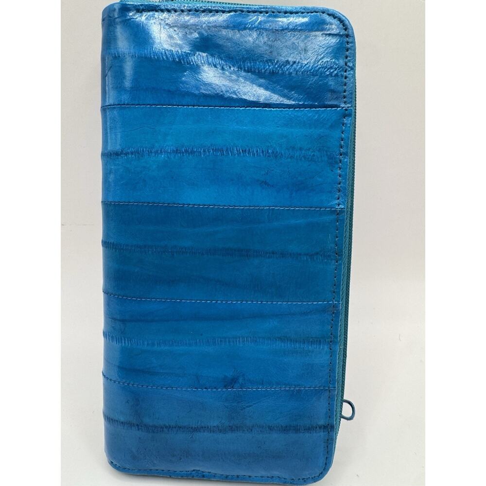 Eel Skin Leather Wallet Turquoise Blue Organizer Clutch + Keychain Vintage Teal - Picture 10 of 15